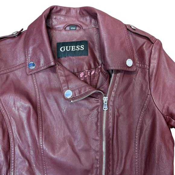 Guess Faux Leather Maroon Zip Up Women's Moto Jacket - Picture 3 of 7